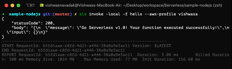 Output from the serverless invoke