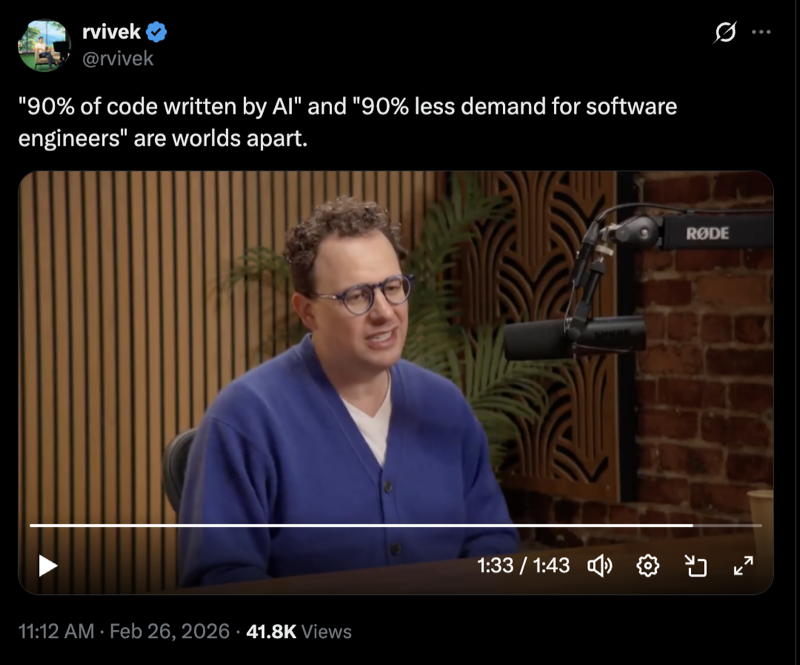 Dario's podcast with Dwarkesh - 90% of code written by AI vs 90% less demand