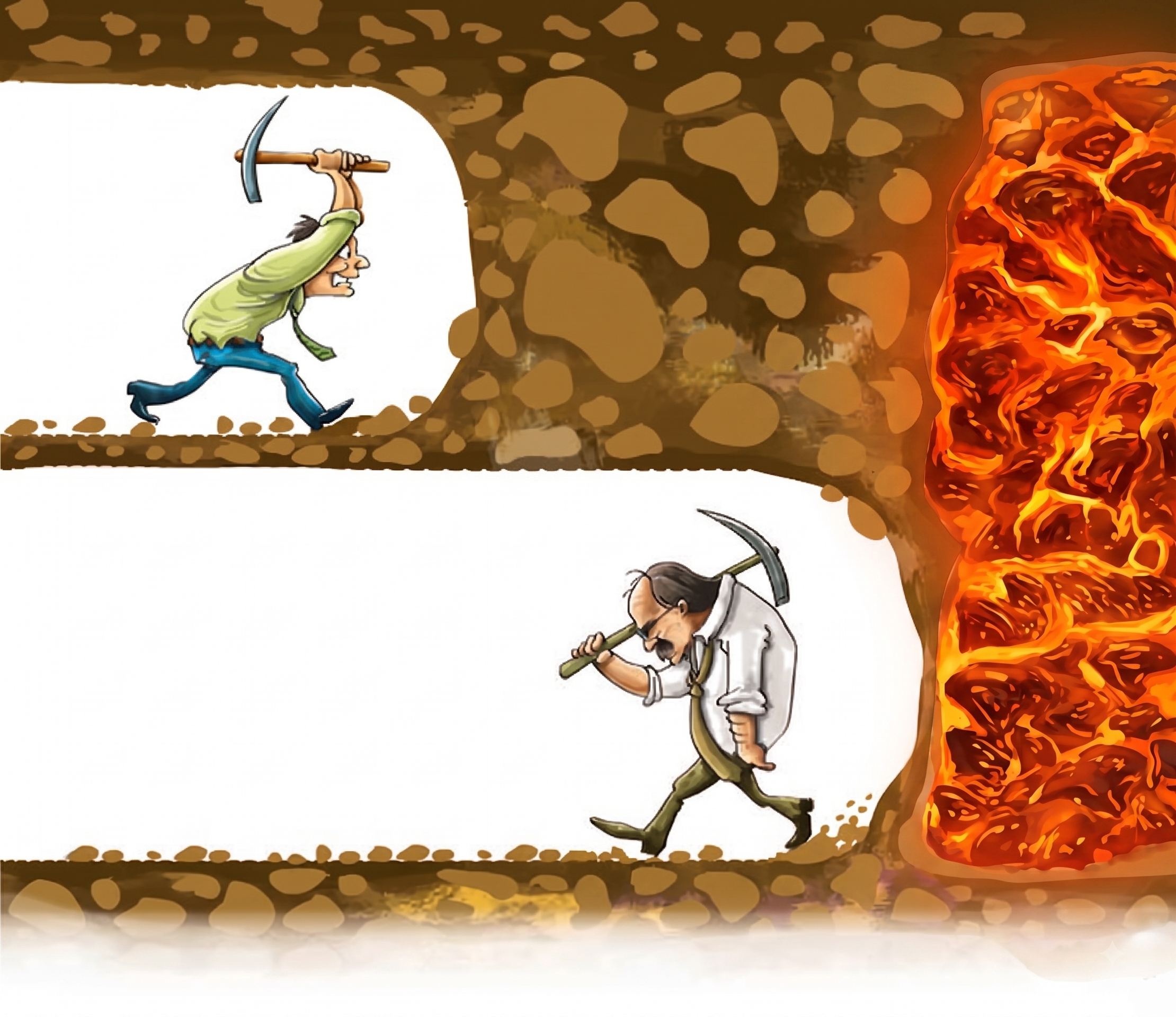 Never give up mine meme, lava version The same mining cartoon, except the wall the persistent miner is digging toward is molten lava