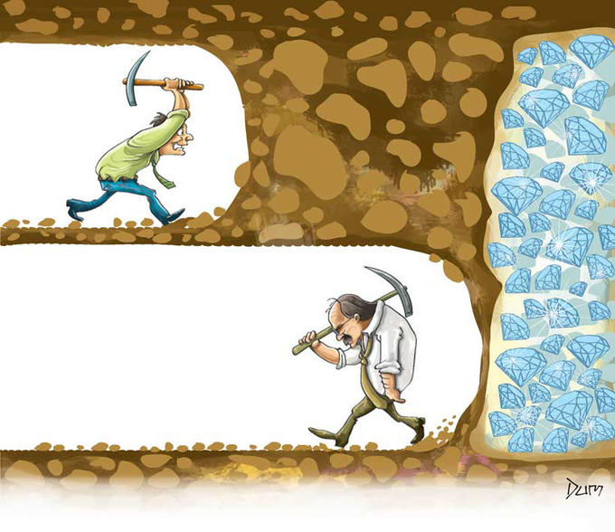 Never give up mine meme Cartoon of a miner giving up and walking away inches from a wall of diamonds, while another miner keeps digging toward them