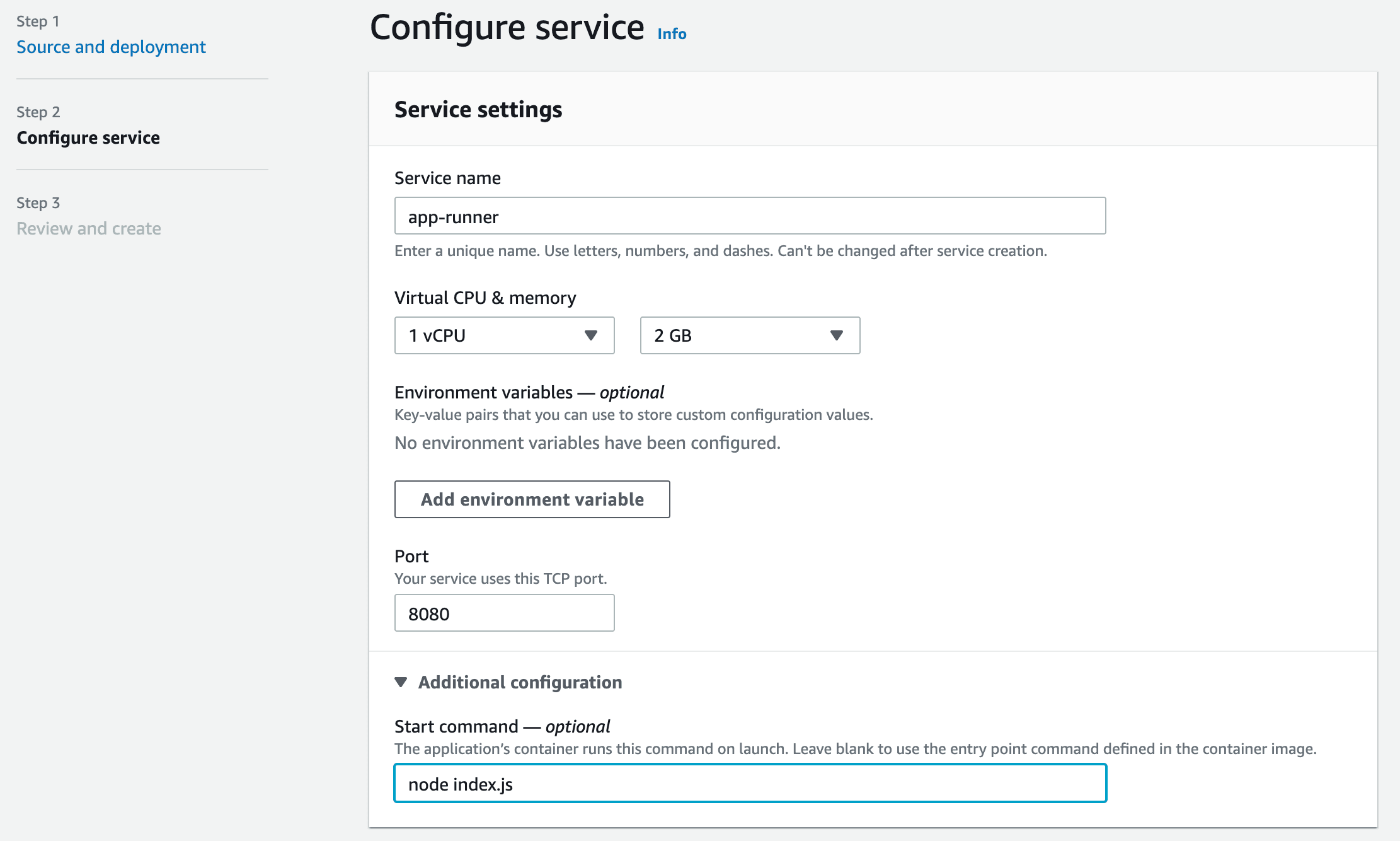 Provide Service Name, Port and Start Command
